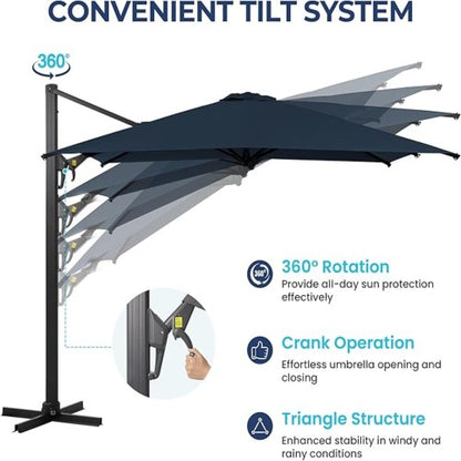 10 Ft Blue Square Large Cantilever Patio Umbrella with 360° Rotation & Tit Adjustment and Heavy Duty Offset Polyester Canopy Deck Umbrella without base.