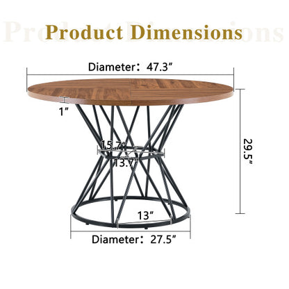 47.3 Inch Walnut Wood Grain Round Dining Table with Hourglass Metal Bracket for 4-6 People