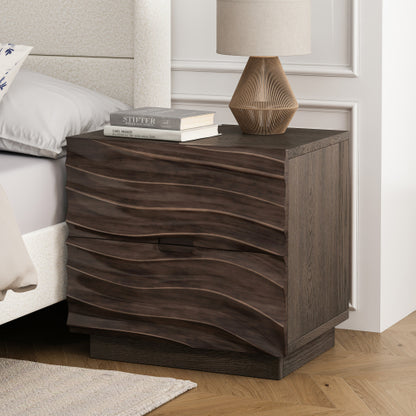 Brown Solid Wood 2-Drawer Nightstand, Curved Handle-Free Bedside End Table