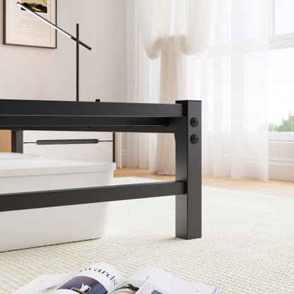Queen Size  Metal Bed Frame with Wooden Headboard, RGB Lights,Charger, Storage Shelf, Noise-Free, No Box Spring Needed,Rustic Brown