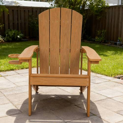 Lounge chair teak color, suitable for all seasons: Outdoor lounge chair, made of sturdy HIPS material, equipped with 304 stainless steel accessories.