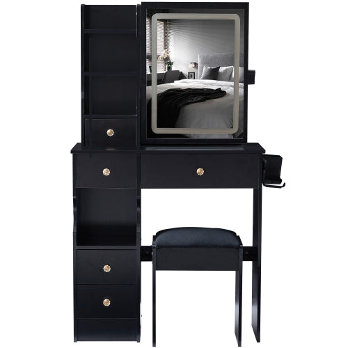 29.2" Small Size Drawer Desktop Vanity Table + Cushioned Stool, 2 AC+2 USB Power Station, Hair dryer bracket, Extra Large Touch Control Sliding LED Mirror, 3-color Switching, EPA, GCC, UL Certificate
