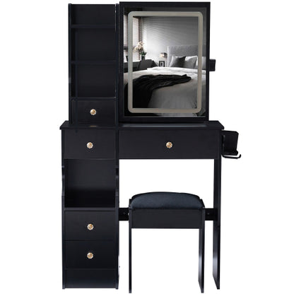29.2" Small Size Drawer Desktop Vanity Table + Cushioned Stool, 2 AC+2 USB Power Station, Hair dryer bracket, Extra Large Touch Control Sliding LED Mirror, 3-color Switching, EPA, GCC, UL Certificate
