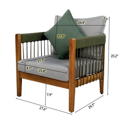 [Set of 2] Acacia Wood Outdoor Club Chair with Handwoven Rope Accents & Curved Backrest - Water-Resistant Boho Patio Lounge Chair with Removable Cushions for Porch, Garden