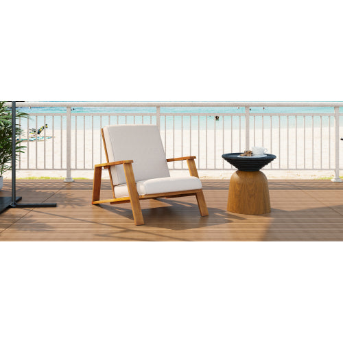 Patio Lounge Chair, Outdoor Club Chair with Beige Cushion and Teak Acacia Wood Frame