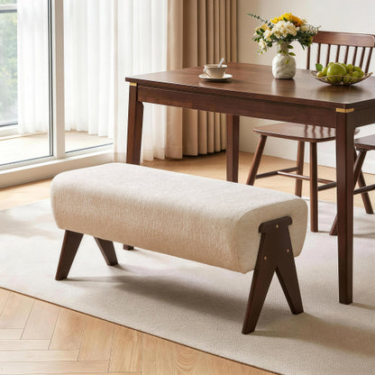 Cream Chenille Upholstered Ottoman Bench, Solid Wood V-Shaped Leg Entryway Shoe Bench for Bedroom & Foyer