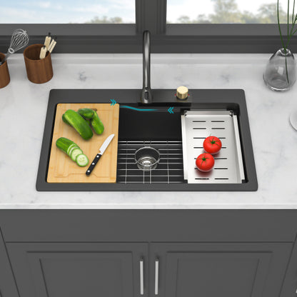 Drop In Waterfall Kitchen Sink - 33" x 22" x 10" Black Composite Granite Quartz Single Bowl Workstation kitchen sink with Pull-Out Faucet