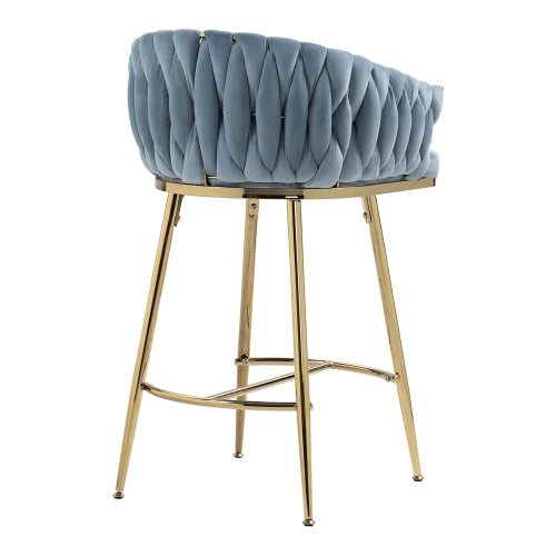 26inch  Counter height bar stools Set of 2 kitchen island counter bar stool with hand- wave back, golden chromed base and footrest(BLUE)