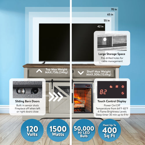 60 Inch Electric Fireplace Entertainment Center With Door Sensor-Jasmine white color