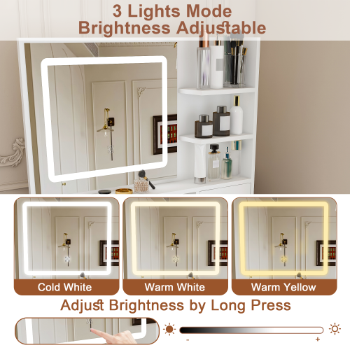 Fashion Vanity Desk w/ 3-Color Dimmable LED Mirror, 4 Silent Sliding Drawers, Open Storage Shelf, White