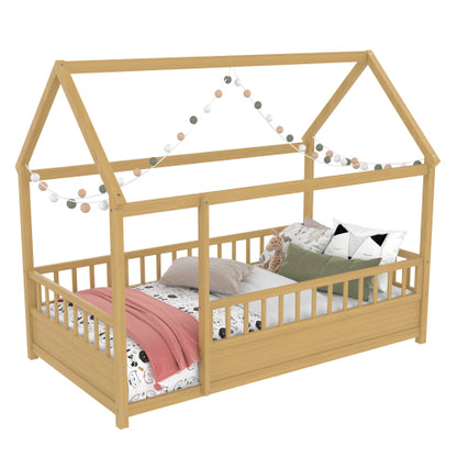 Twin Size Floor Wooden Bed with House Roof Frame, Fence Guardrails,(Twin,Natural)