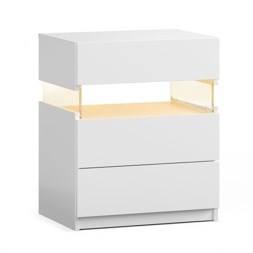 LED Nightstands 3 Drawer Dresser for Bedroom End Table with Acrylic Board LED Bedside Tables for Bedroom Living Room Bedside Furniture (White)
