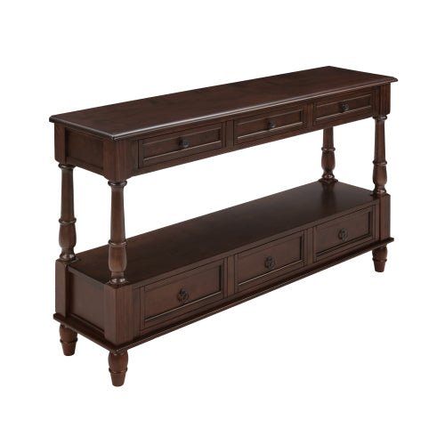 54 Inch Solid Wood Console Table with 6 Drawers & Shelf Espresso Brown