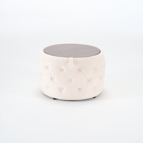 Beige 2-Piece Velvet Nesting Storage Ottoman Set, 4-in-1 Round Foot Stool with Wood Tray, Fully Assembled