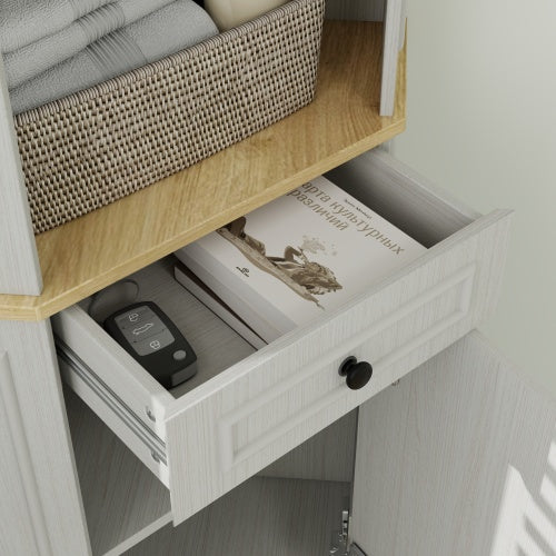 68" Tall Corner Cabinet, Freestanding Corner Storage Cabinet with 1 Door, 1 drawer and a Adjustable Shelf, Farmhouse Bar Storage Cabinet for Living Room, Dining room, Kitchen, Bathroom-Antique White