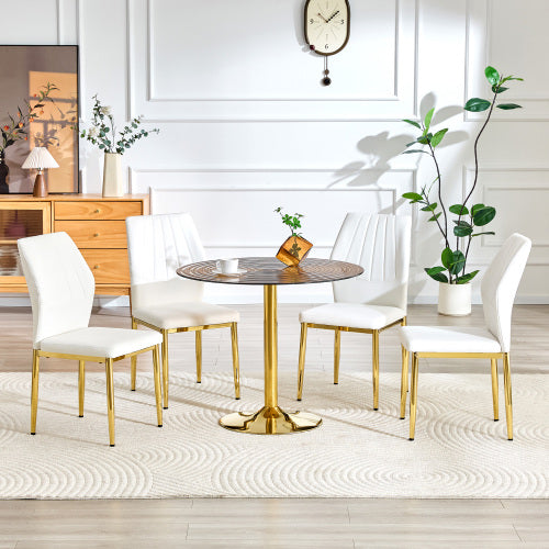 5-Piece Brown Ring Glass Round Dining Set, Gold Frame Table & 4 White PU Shell Chairs