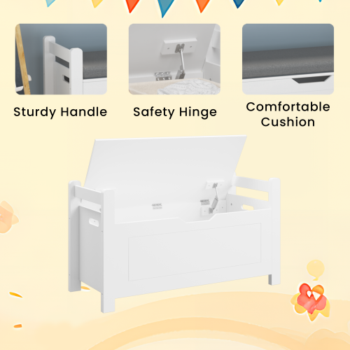 Kids Toy Box Chest, White Toy Box for Boys Girls, Large Storage Cabinet with Cushion Seat Bench/Flip-Top Lid/Safety Hinge, Toy Storage Organizer Trunk for Nursery, Playroom