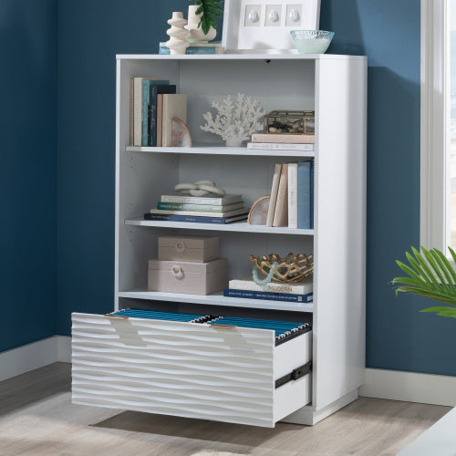 White Coastal Style 2-Shelf Adjustable Bookcase With Lower Drawer