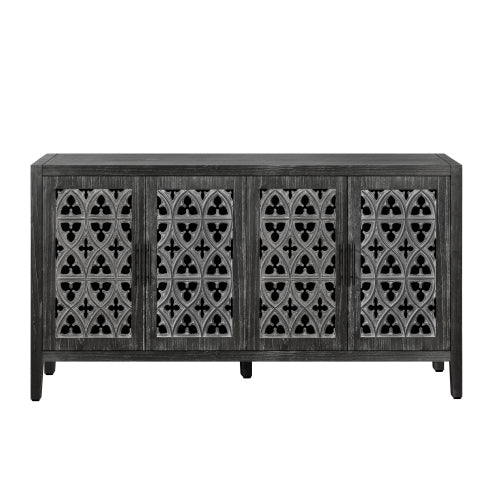 Antique Black Hollow Floral Four-Door Cabinet American Country Style Adjustable Layer Wooden Living Room TV Storage Cabinet