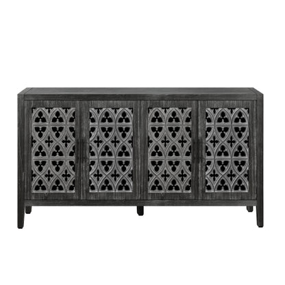 Antique Black Hollow Floral Four-Door Cabinet American Country Style Adjustable Layer Wooden Living Room TV Storage Cabinet