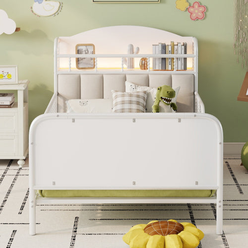 Twin Size Metal Platform Bed Frame with Light, Kids Twin Metal Bed with Upholstered and Storage Headboard, White