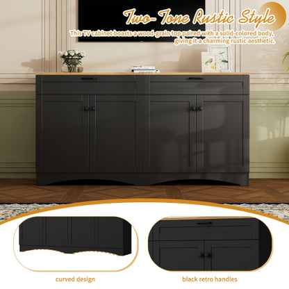 Black Farmhouse Wood Grain Top TV Stand With 2 Drawers For 70 Inch TV
