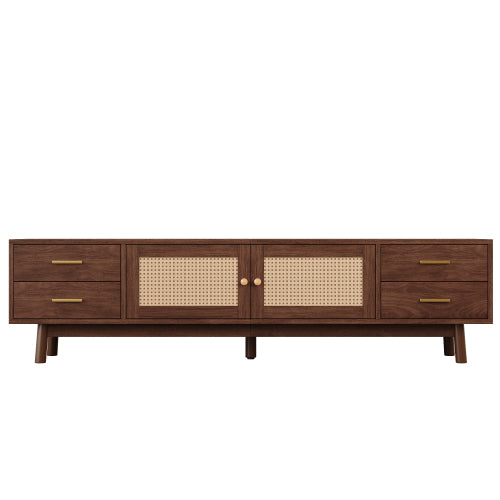 70.87 inch Dark Brown PE Rattan TV Stand 4 Drawer Pine Leg Media Console Fits Up To 80 Inch TV