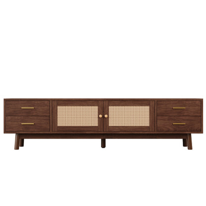 70.87 inch Dark Brown PE Rattan TV Stand 4 Drawer Pine Leg Media Console Fits Up To 80 Inch TV