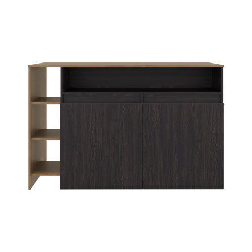 Kitchen Bar Counter with Ample Storage and Shelves, Black Wengue / Natural Oak