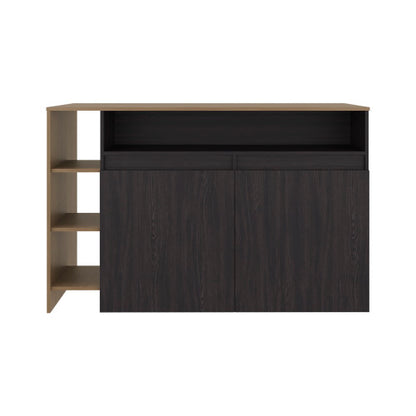 Kitchen Bar Counter with Ample Storage and Shelves, Black Wengue / Natural Oak