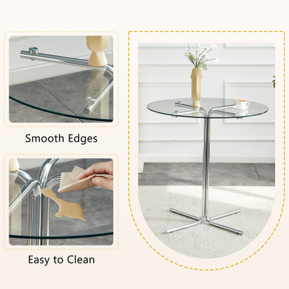 Round glass bar high table, 36 inch round bar table, tempered glass tabletop, sturdy silver chrome plated four column support, suitable for transparent round bar tables in small spaces, kitchens