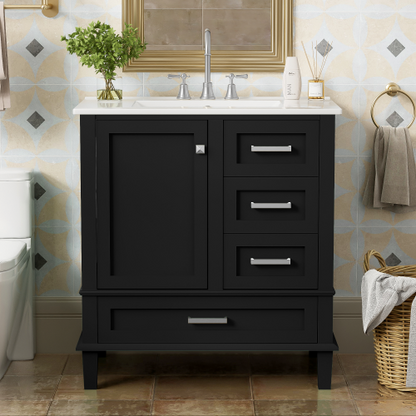 30" Bathroom Vanity , Modern Bathroom Cabinet with Sink Combo Set, Bathroom Storage Cabinet with a Soft Closing Door and 3 Drawers, Solid Wood Frame(Black)