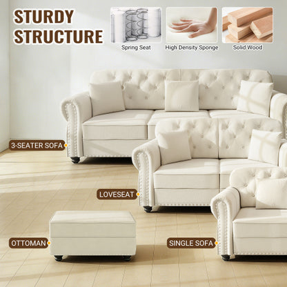 41.3 inch  Beige-White Mid-Century Velvet Sofa,Nailhead Trim,Button Tufting,1 Pillow