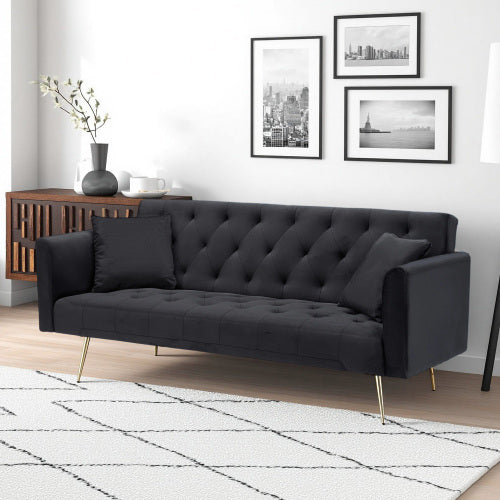71-Inch Black Velvet Foldable Retro Double Sofa Bed for Small Spaces