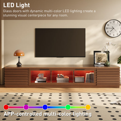 70.8 inch Walnut APP Control RGB LED Glass Flip Door TV Stand Legless Media Console For 80 inch TV