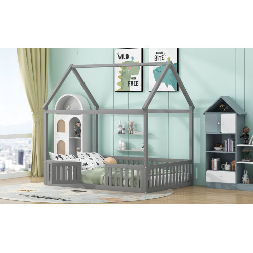 Full Size Wood House Bed with Fence and Door, Gray