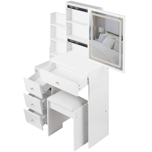 29.2inch  Small Size Left Bedside Cabinet LED Mirror Vanity Table + Cushioned Stool, Large Sliding, Touch Control, 3-color Switch, Brightness Adjust Mirror, High Capacity Storage, EPA, GCC, UL Certificate