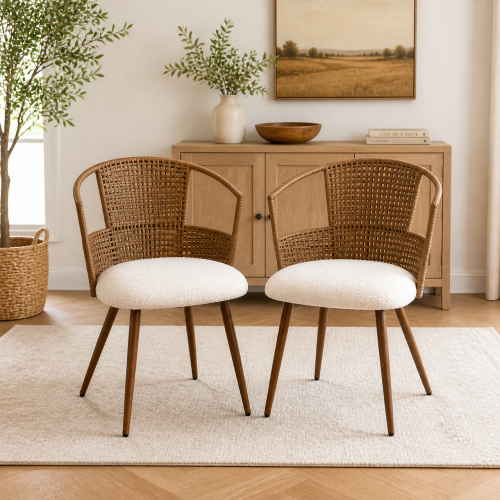 PE Rattan Dining Armchairs with Teddy Seats, Set of 2, Beige/Brown