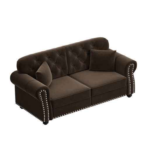 63 inch  Brown Velvet Mid-Century Sofa, Nailhead Trim & 2 Pillows