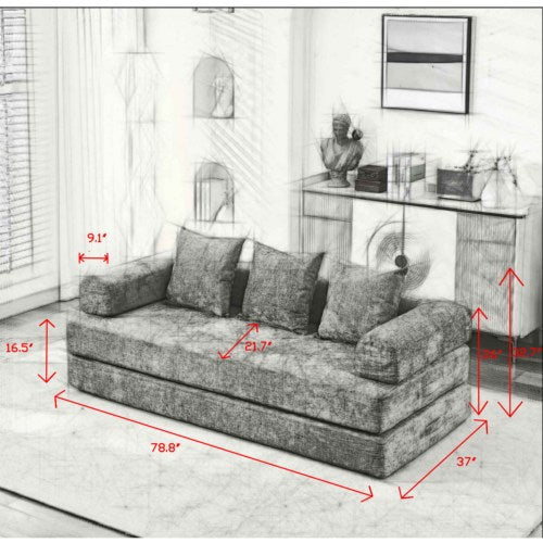 Black Chenille Convertible Folding Floor Sofa Bed with Armrest