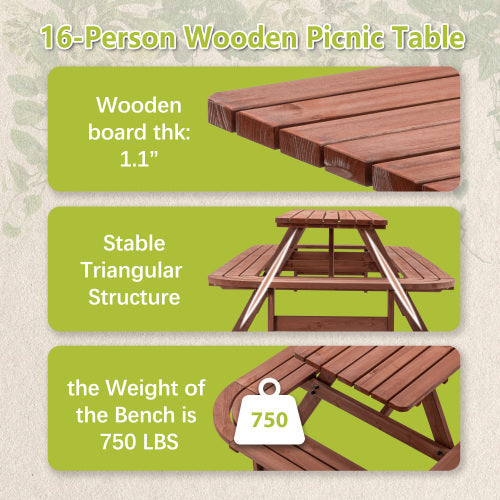 Brown Picnic Table with Benches for 14-16 Persons, Nearly 8-Foot Long Outdoor Wooden Rectangle Table for Patio, Garden, Backyard, Large Outside Dining Set with Umbrella Hole