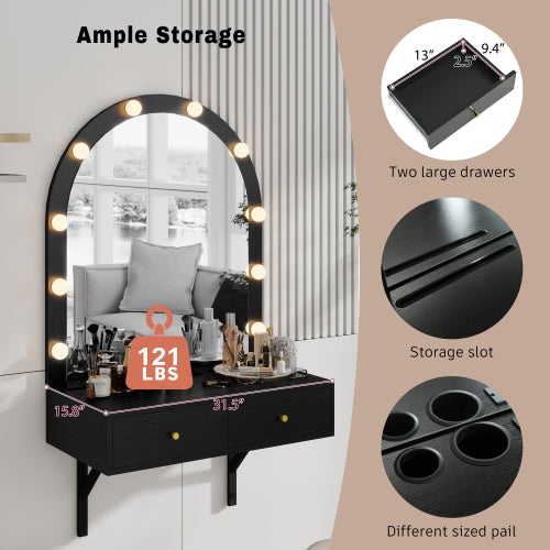 Black Floating Wall Mounted Vanity Desk with LED Mirror, 3 Color Lights, Power Outlet & USB, Large Storage