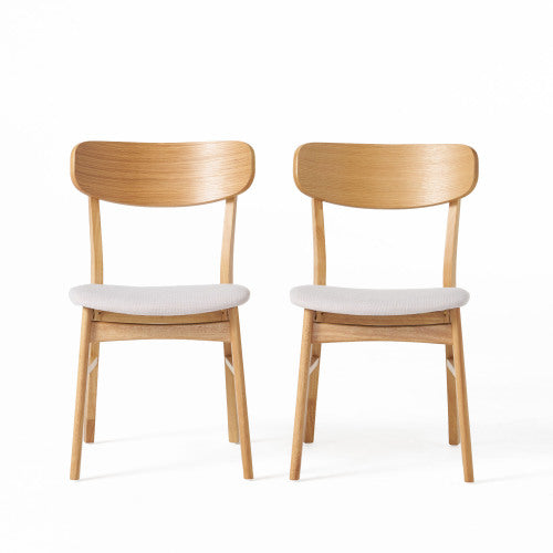 Set of 2 Minimalist Light Beige Fabric Dining Chairs, Natural Oak Finish Solid Rubberwood Legs