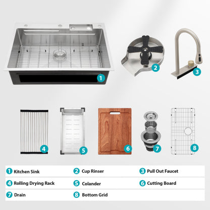 33" Drop in Waterfall Kitchen Sink - 33*22*10 inch Single Bowl 16 Gauge Stainless Steel Ledge Workstation Kitchen Sinks with Pull-Down Faucet & Cup Washer