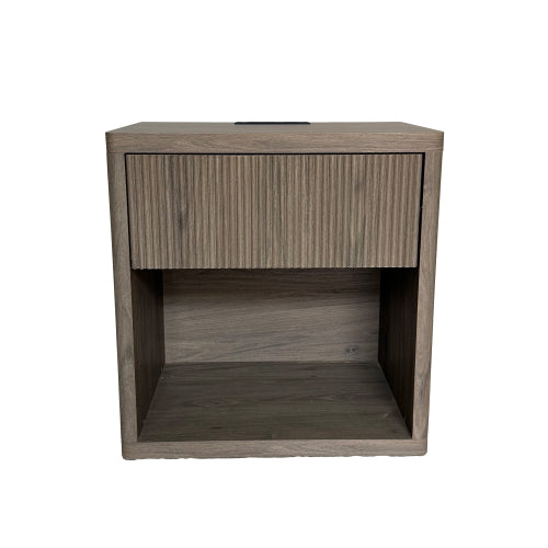 Grey Alder Large Fluted Nightstand, EPA Certified Wood Mid-Century Bedside Table with Drawer & Open Space