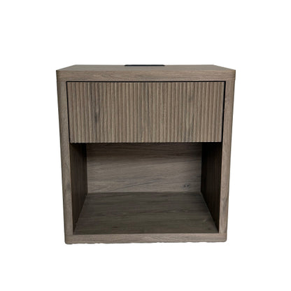 Grey Alder Large Fluted Nightstand, EPA Certified Wood Mid-Century Bedside Table with Drawer & Open Space