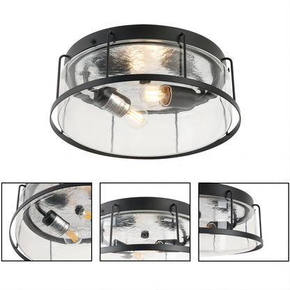 2-Light flush mount Indoor drum shape Matte Black + Clear Glass Ceiling Light