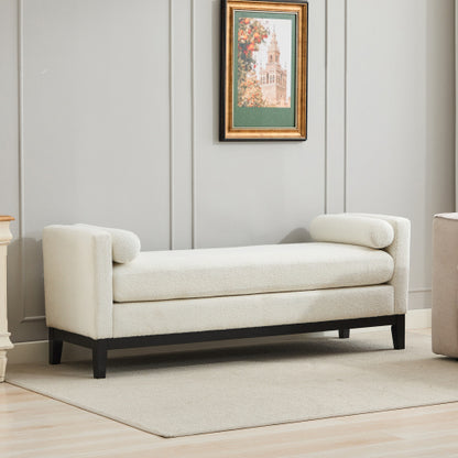 66.34inch W Elegant Upholstered Bench,Daybed, Ottoman with Wood Legs & 2 Bolster Pillows for End of Bed, Bedroom, Living Room, Entryway,Ivory Boucle