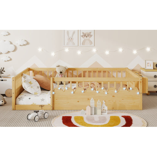 Full Montessori Floor Bed Frame with High Rails, Wood Kids Floor Beds with Light and Storage Shelf, Natural