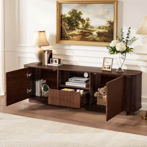 70 inch Modern TV Stand for TVs Up to 80 inch, Wood Grain Media Console with Storage, Curved Corners